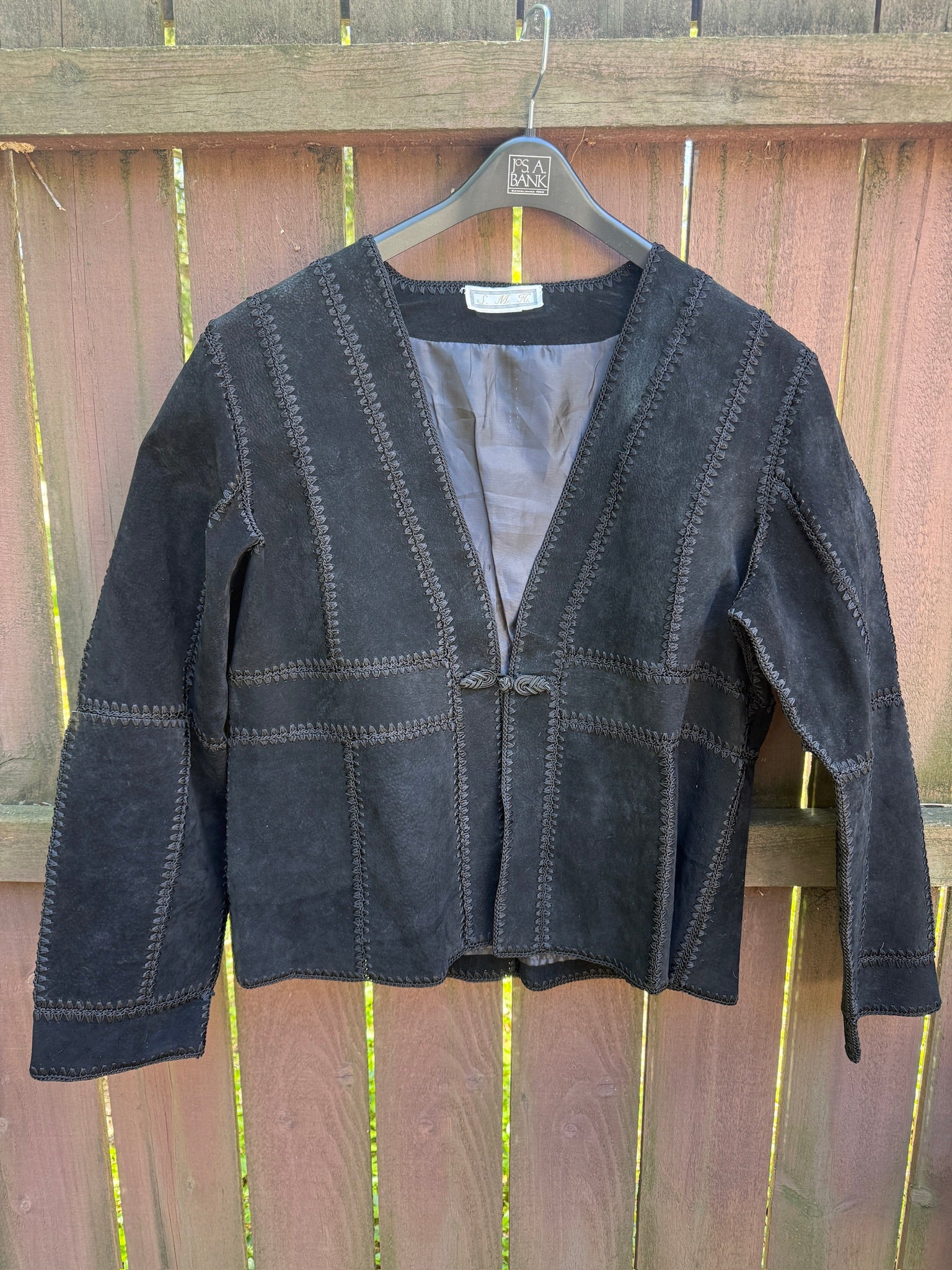 S.M.H. Boho Women's 60s-70s style black suede jacket with black crochet detail