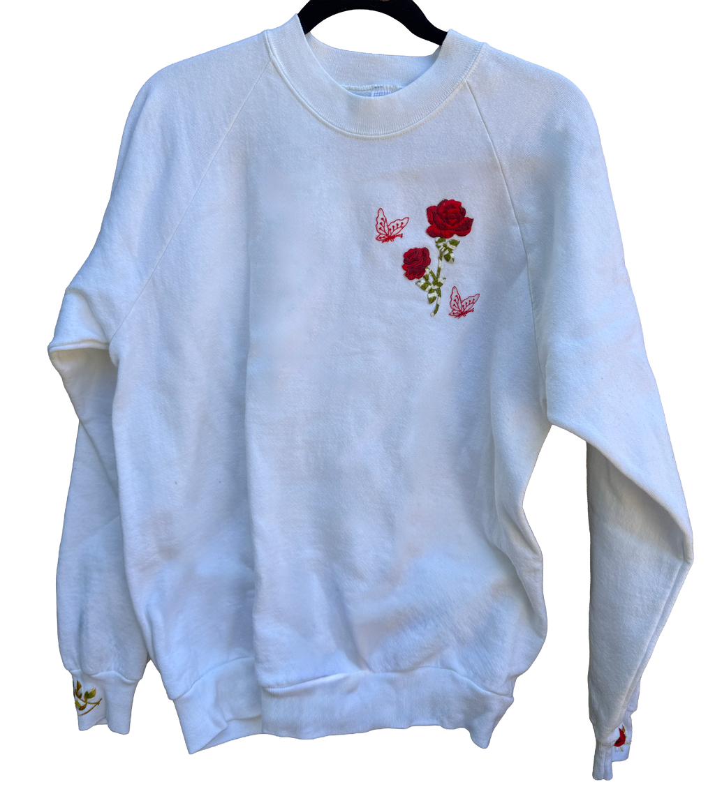 Vintage 1991/92 White Crew Neck sweatshirt with rose and butterfly appliques