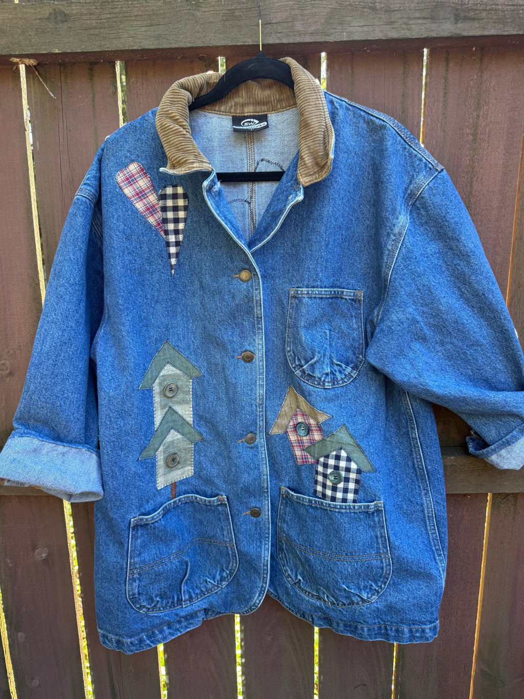 Vintage 90s Denim Barn Coat with Birdhouse Appliques
