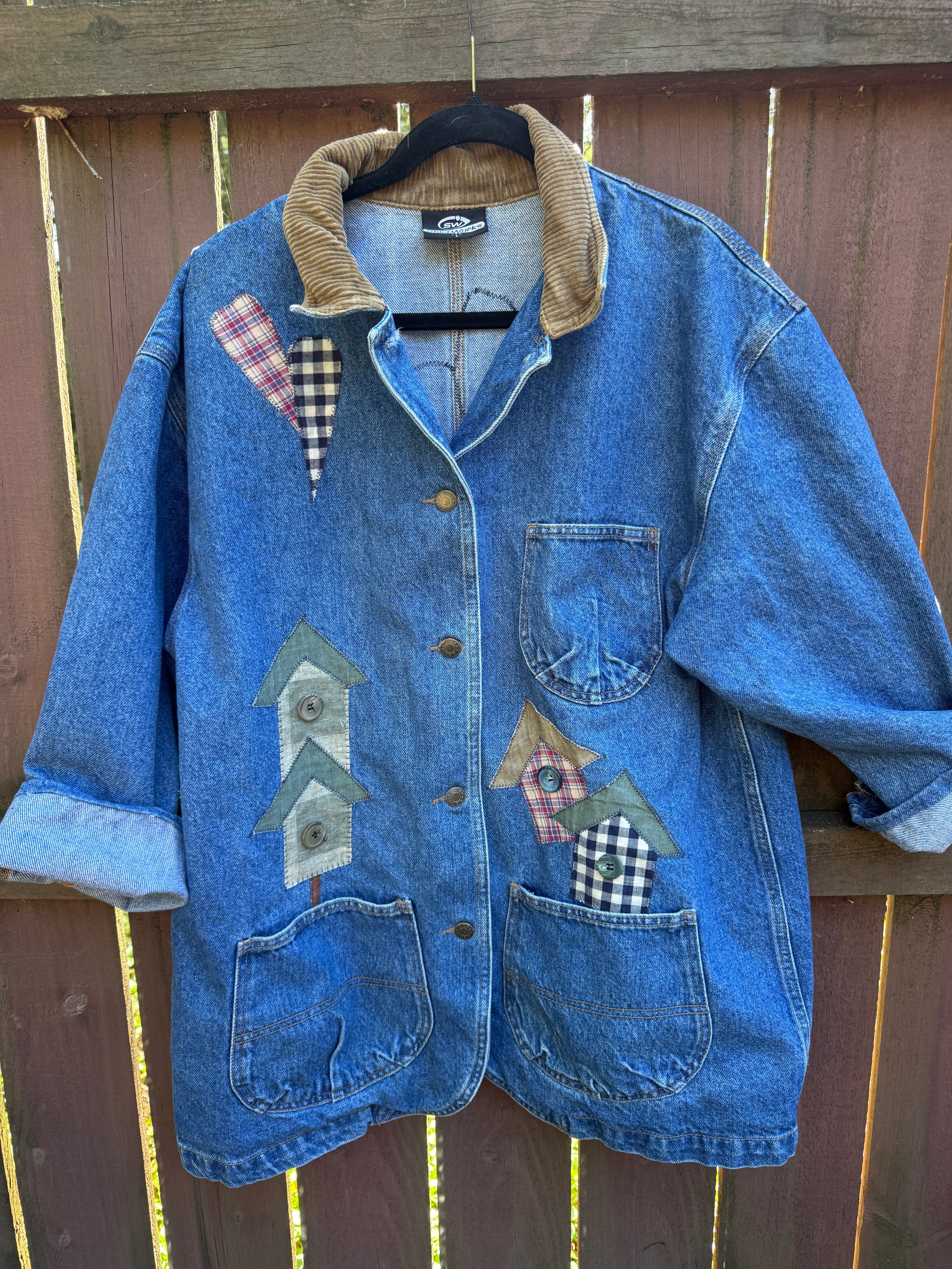 Vintage 90s Denim Barn Coat with Birdhouse Appliques