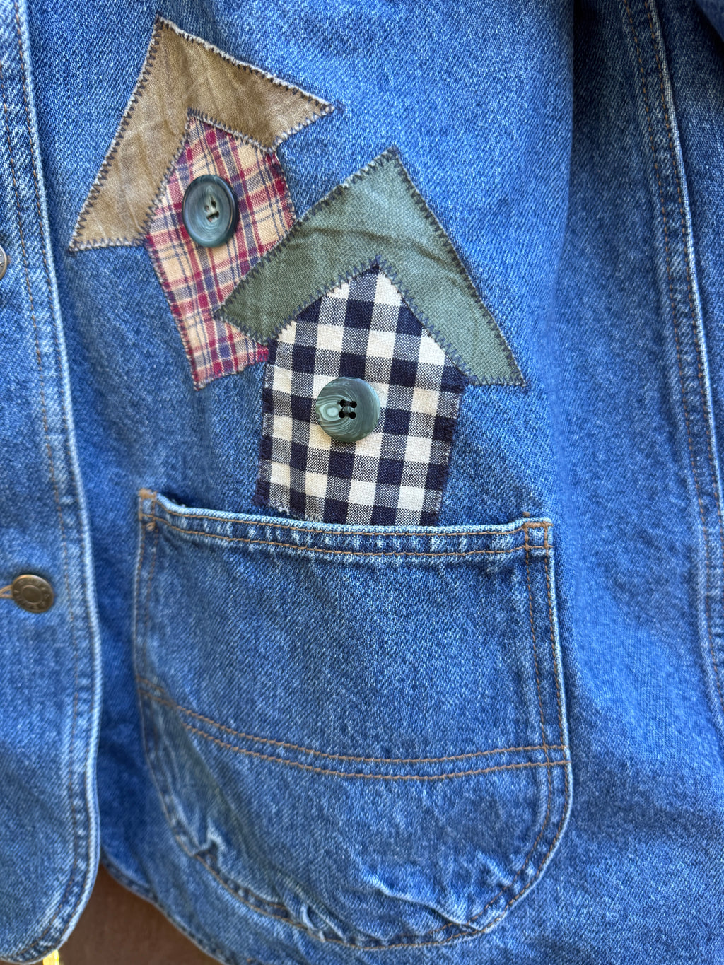 Vintage 90s Denim Barn Coat with Birdhouse Appliques