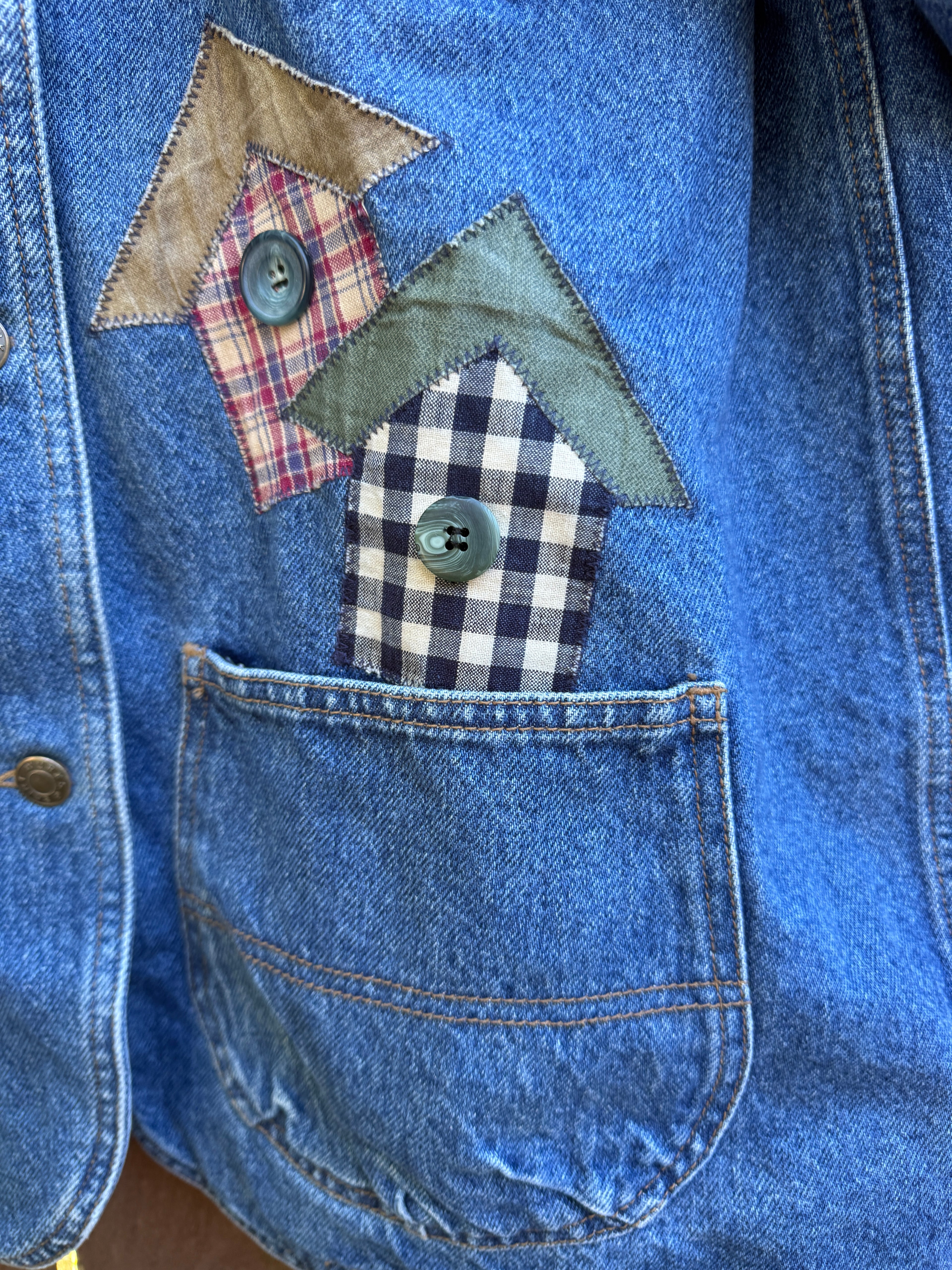 Vintage 90s Denim Barn Coat with Birdhouse Appliques