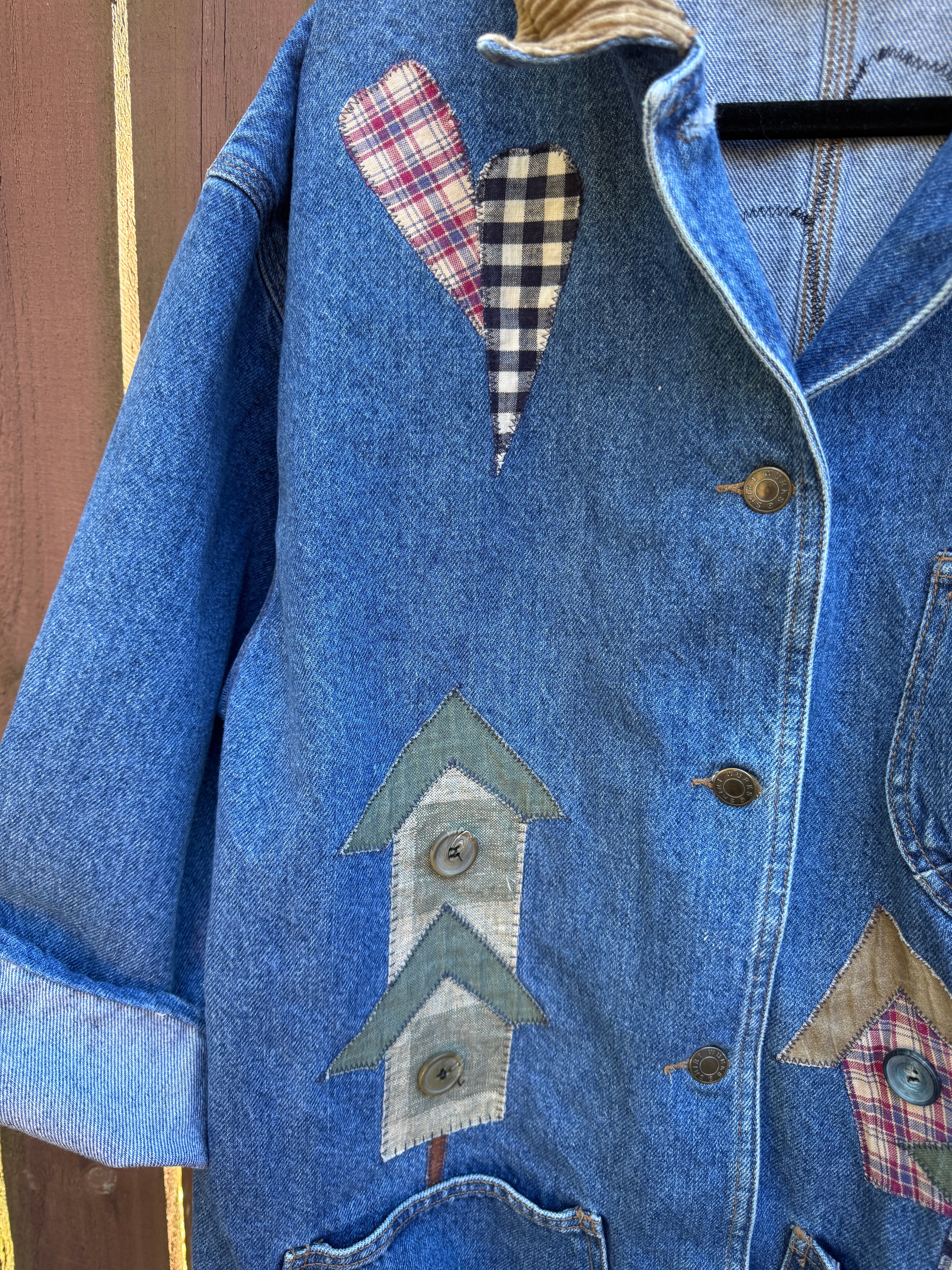 Vintage 90s Denim Barn Coat with Birdhouse Appliques