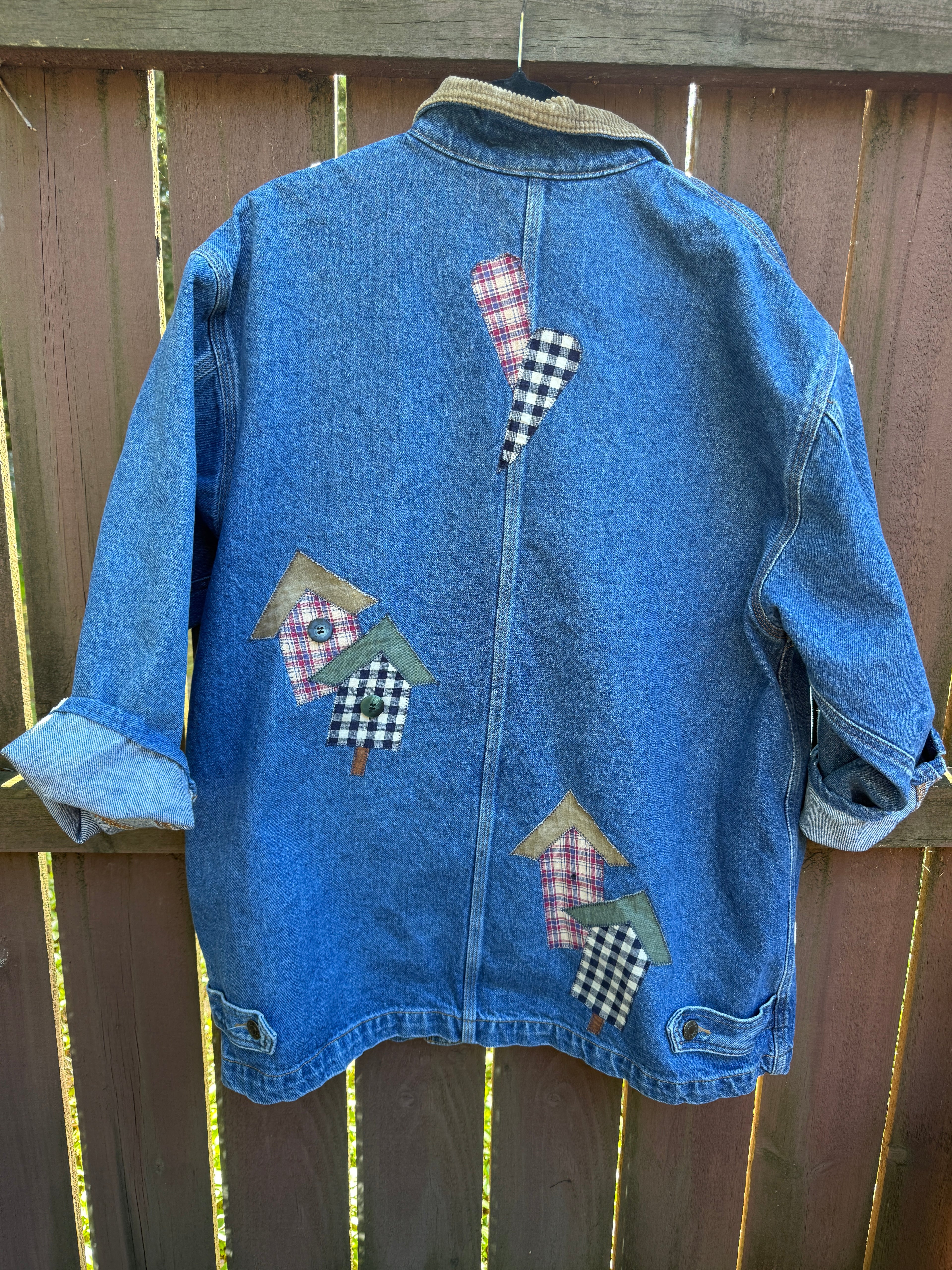 Vintage 90s Denim Barn Coat with Birdhouse Appliques