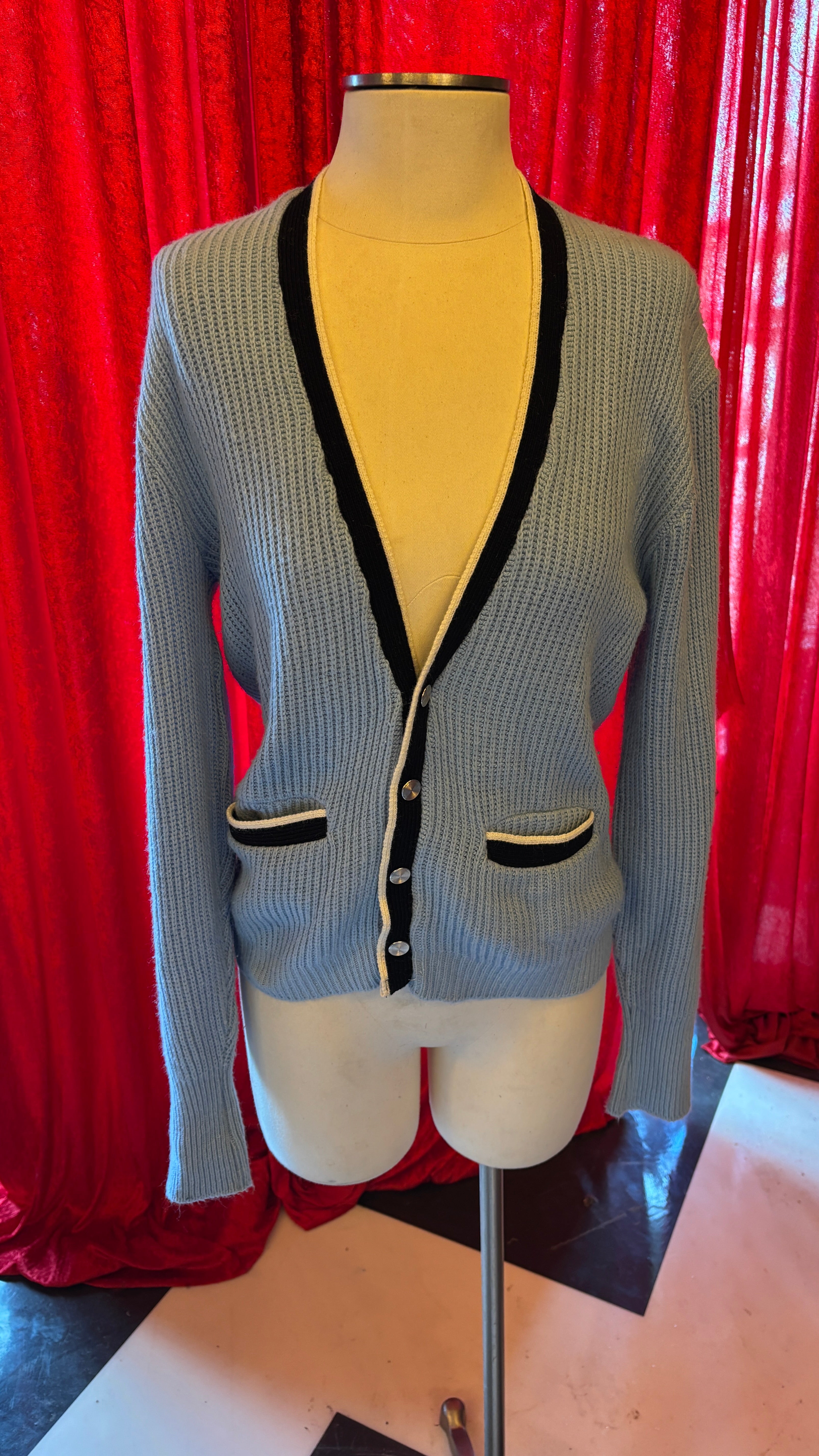 Light Blue Ribbed Navy/White Trim Cardigan