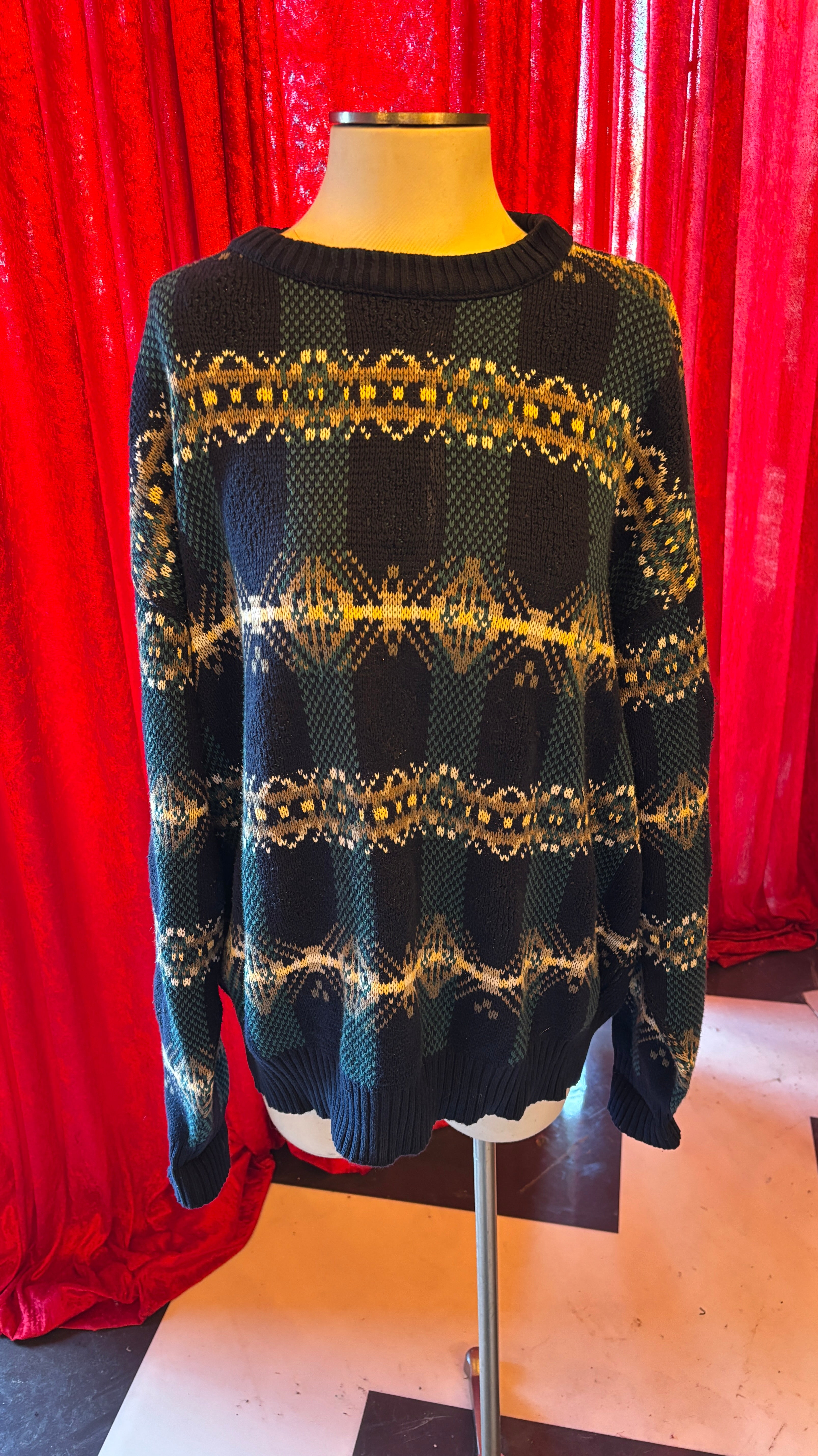 Navy Green Pattern Crewneck 90's Vintage