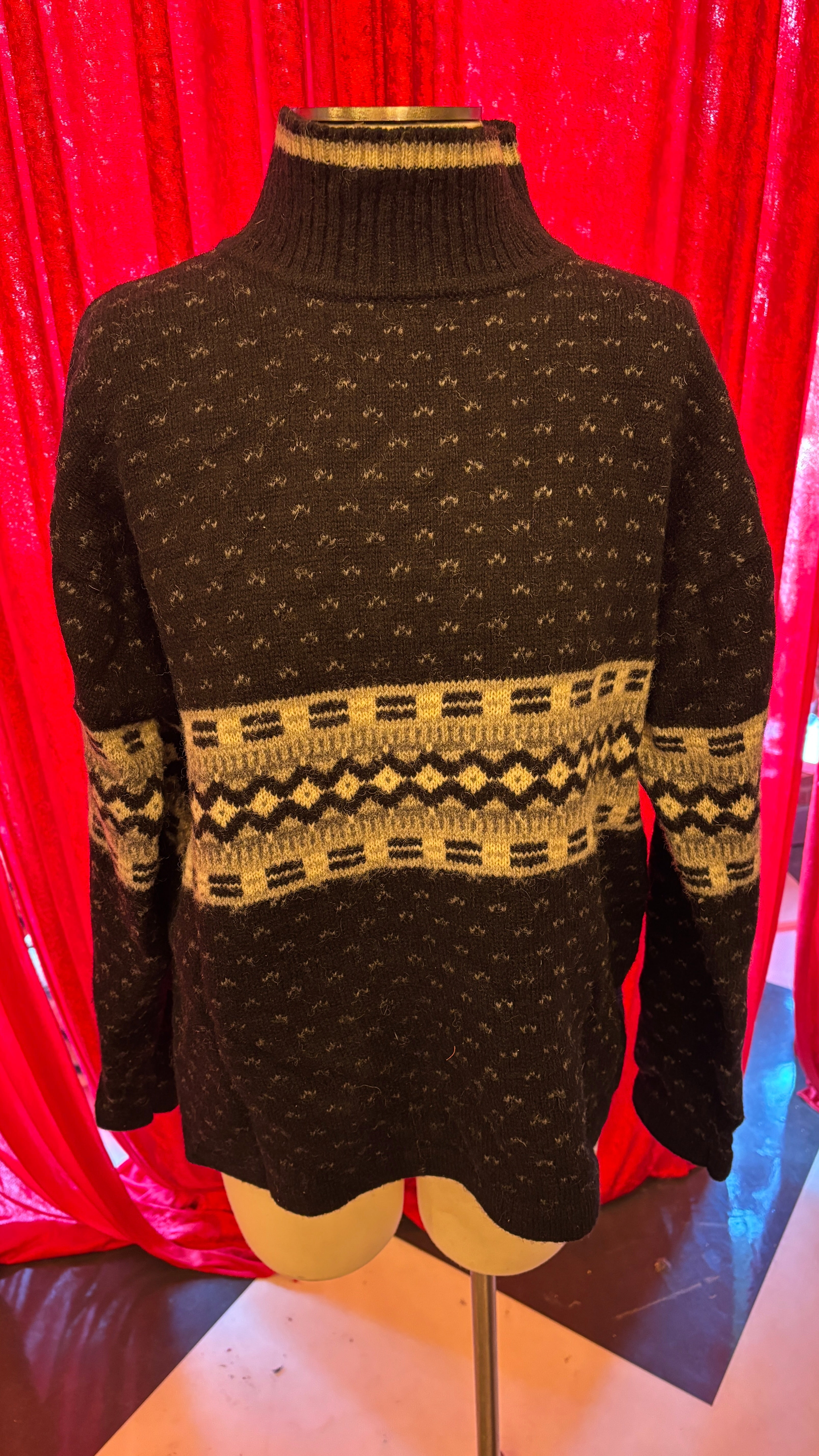 Black Birdseye Center Patterned Band Mock Neck