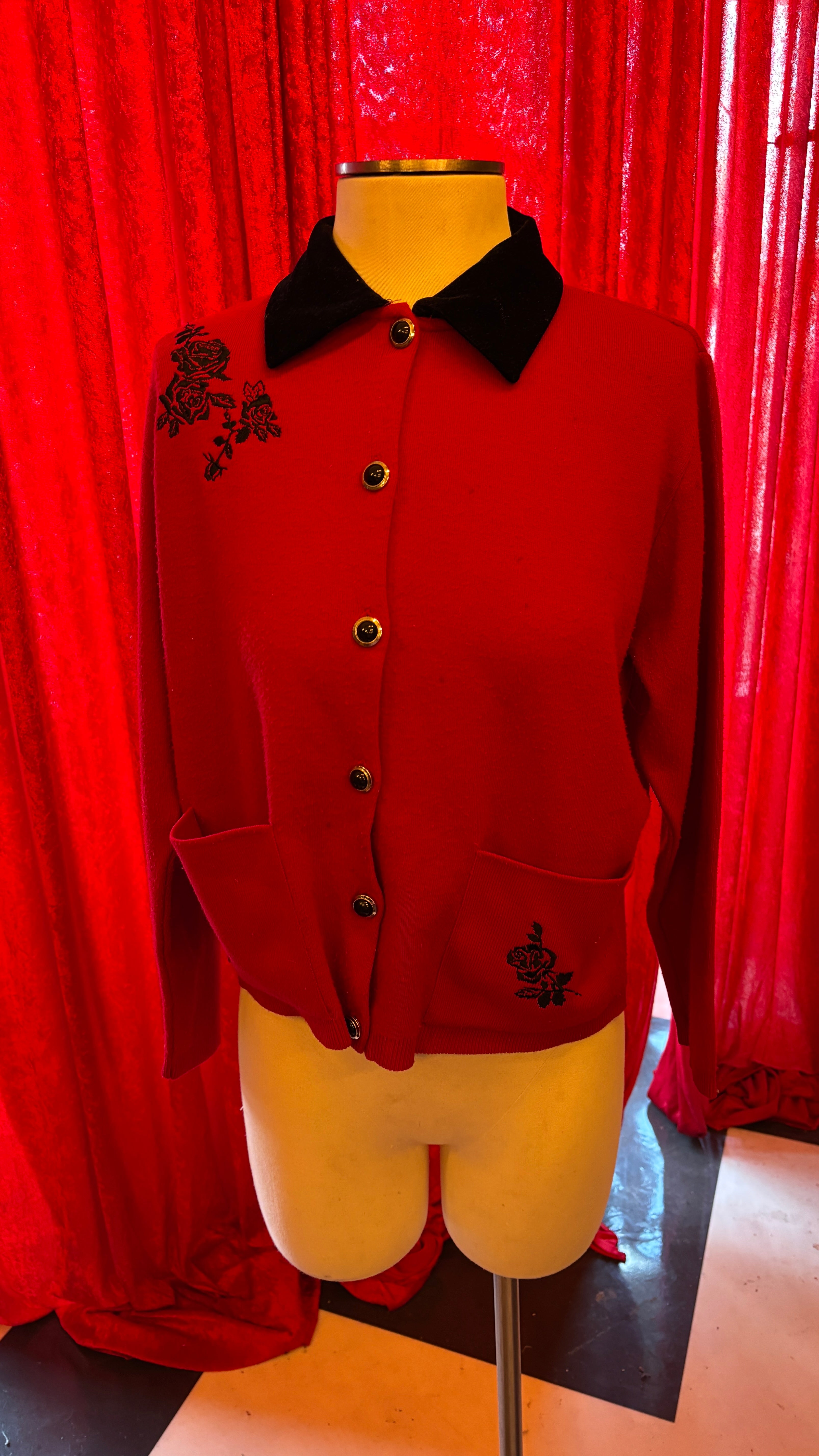 90's Vintage Red Sweater Jacker with Velvet Collar