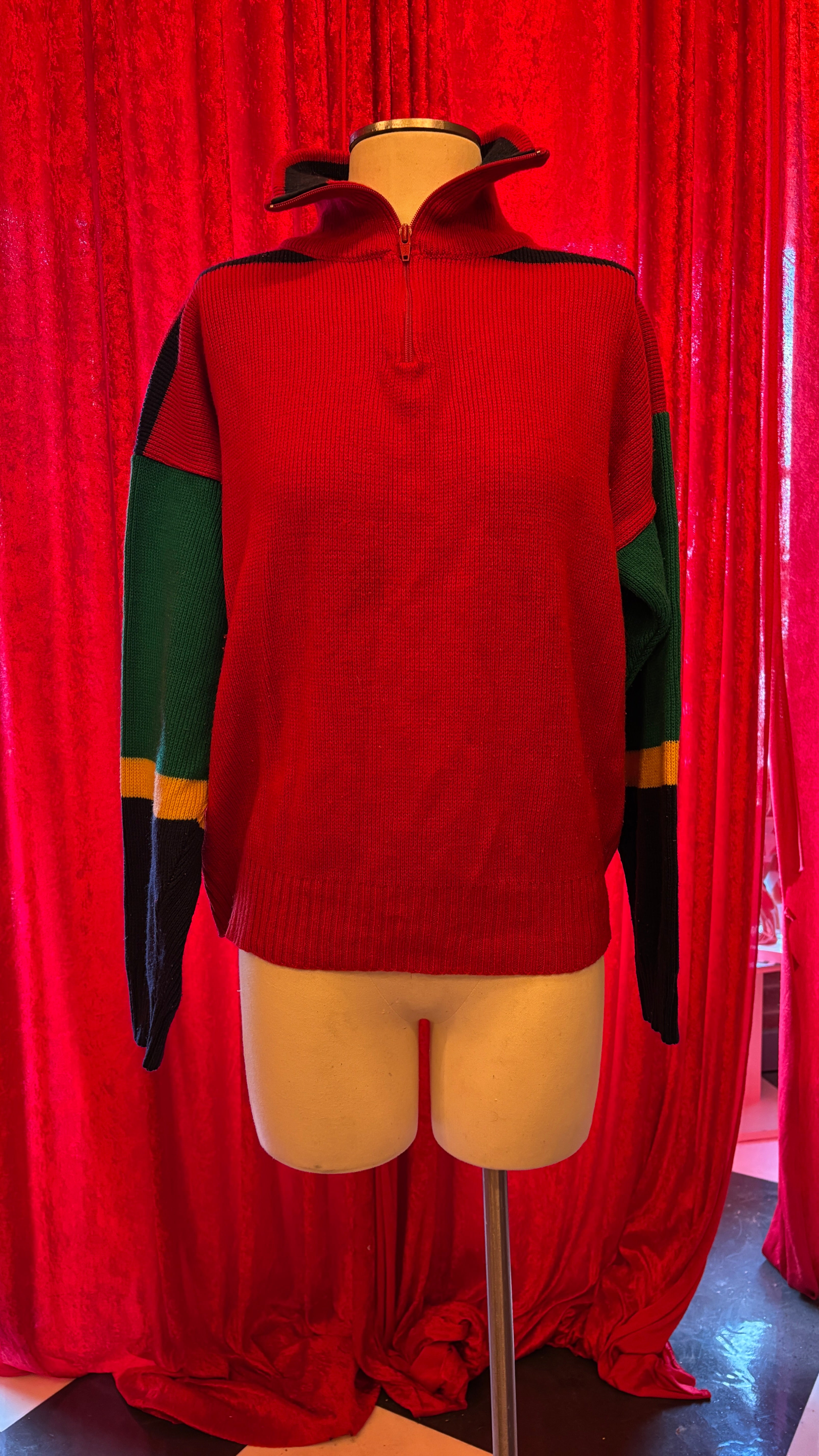 Vintage 80's Red with Striped Colored Sleeves Polo Style Zip