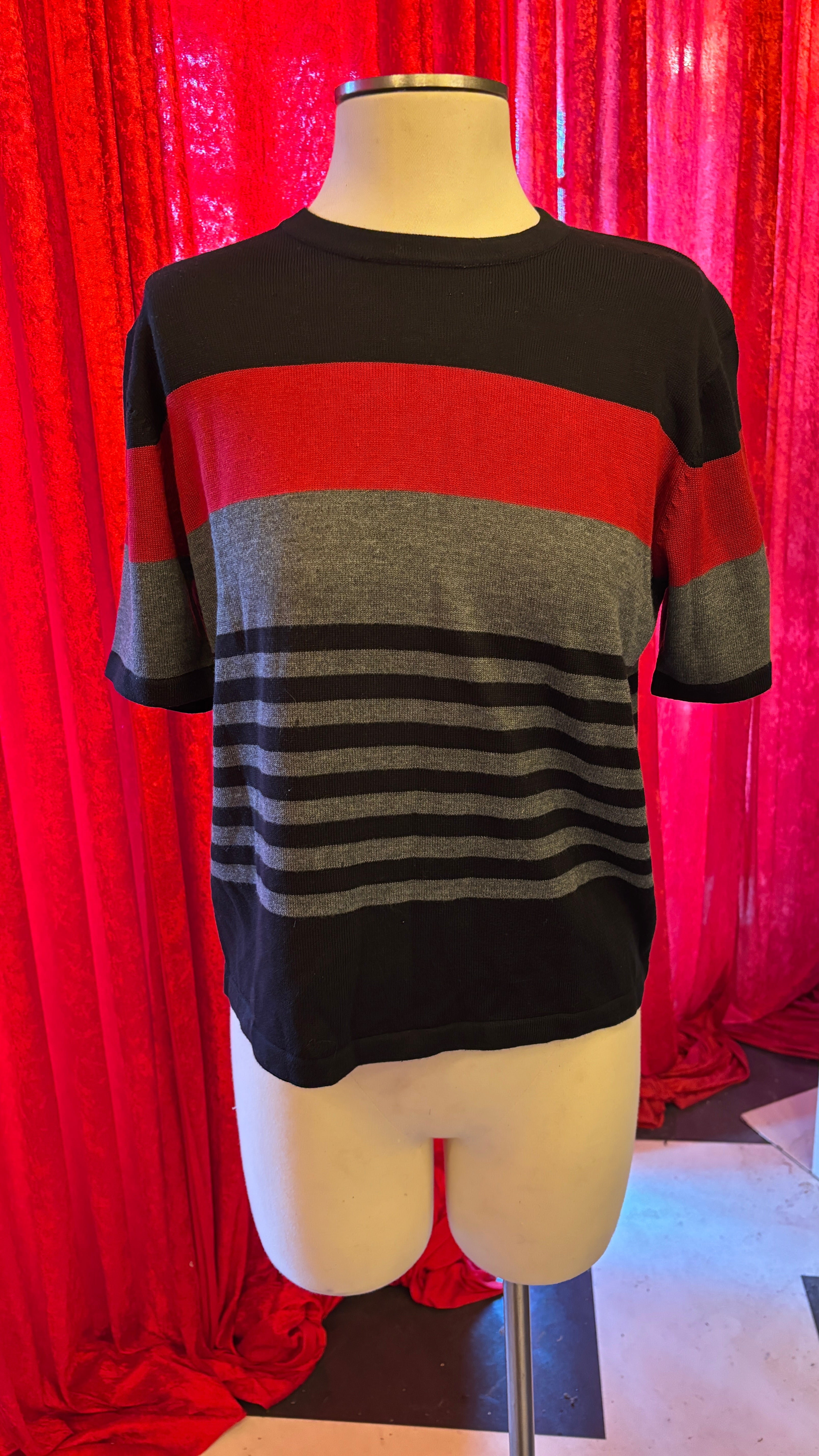 Black/Red/Grey Stripe Short Sleeve Crewneck