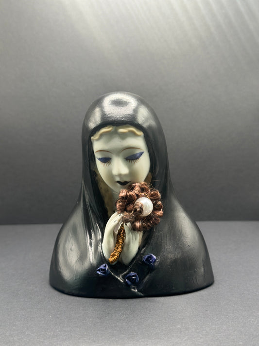 Repainted Gothic Mourning Madonna Figurine holding Victorian Hair Flower